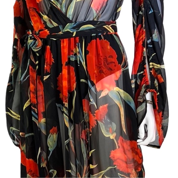 Fashion Nova | Sheer Floral Long Sleeve Surplice Maxi Dress w/ Bodysuit | Size L - Picture 5 of 7